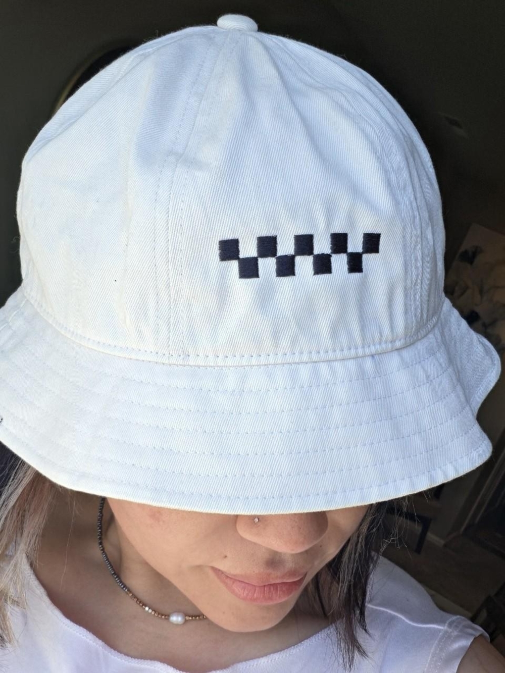 Vans White Cotton Bucket Hat with Black Checker Trim Unisex One Size